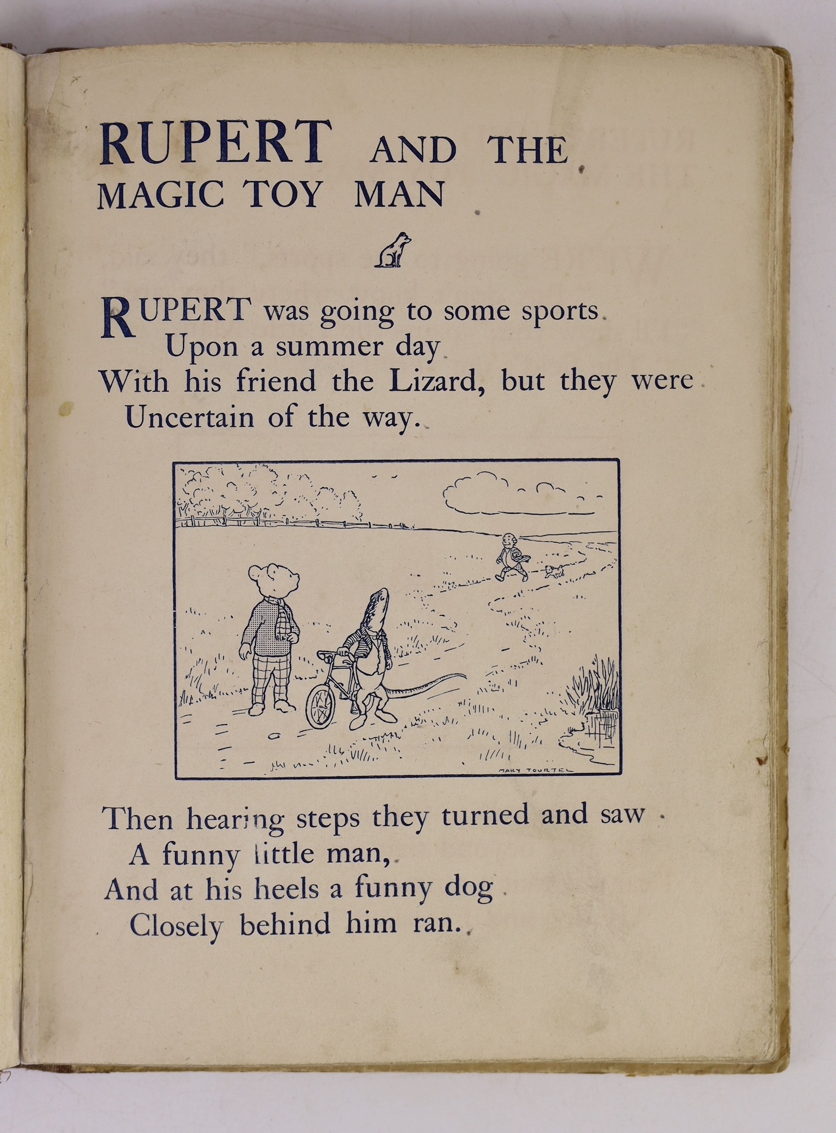 Tourtel, Mary - Rupert and the Magic Toy Man, 4to, pictorial boards, endpapers replaced, Samson Low, Marston & Co., Ltd., London, 1925, Note: The first book of six in the Rupert Little Bear series.